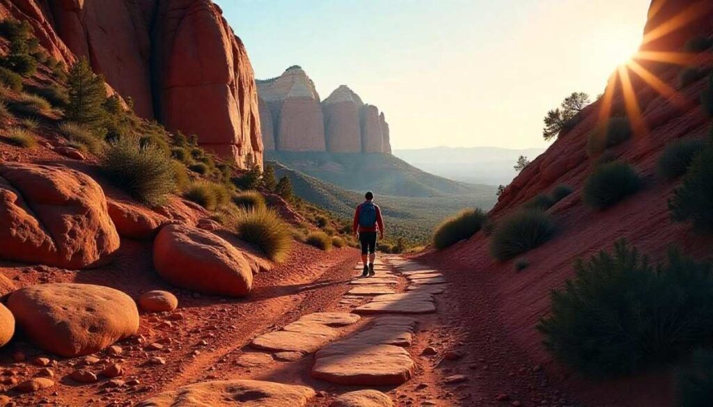 Cathedral Rock Trail in Sedona featuring dramatic red rock spires and steep desert trail in warm early light.