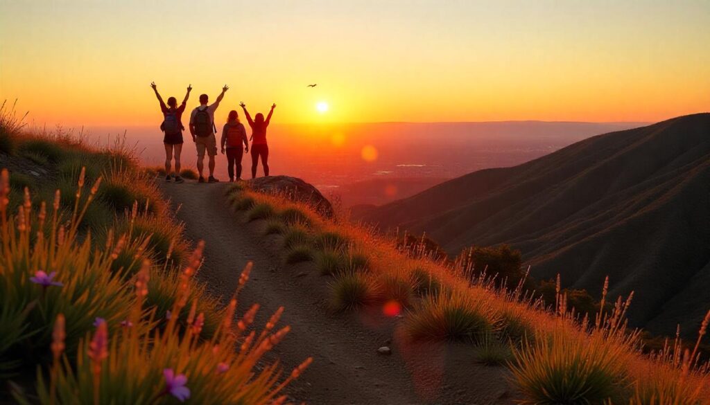 Friends celebrating atop Cedar Mountain overlook with golden light and Dallas skyline in the distance.