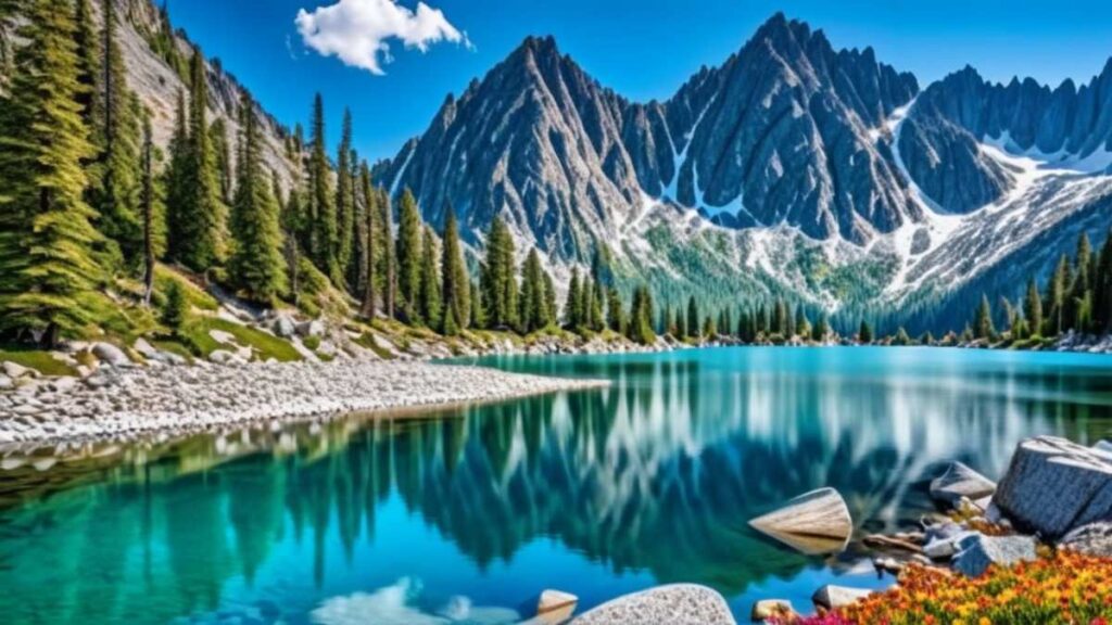 Colchuck Lake in Washington with turquoise water, towering granite cliffs, alpine wildflowers, and a rugged trail along the lake