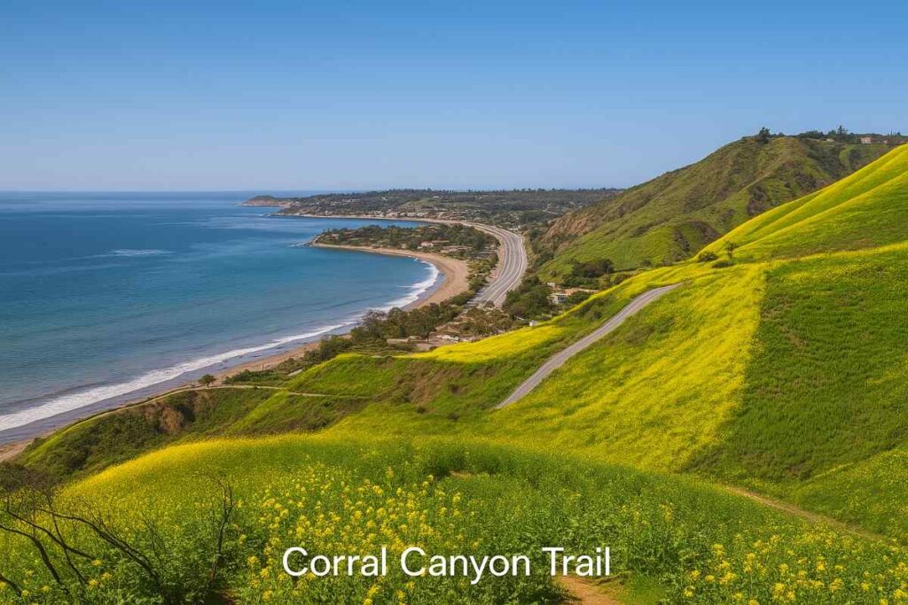 Corral Canyon Trail in Malibu with eucalyptus, sagebrush, and distant ocean views.