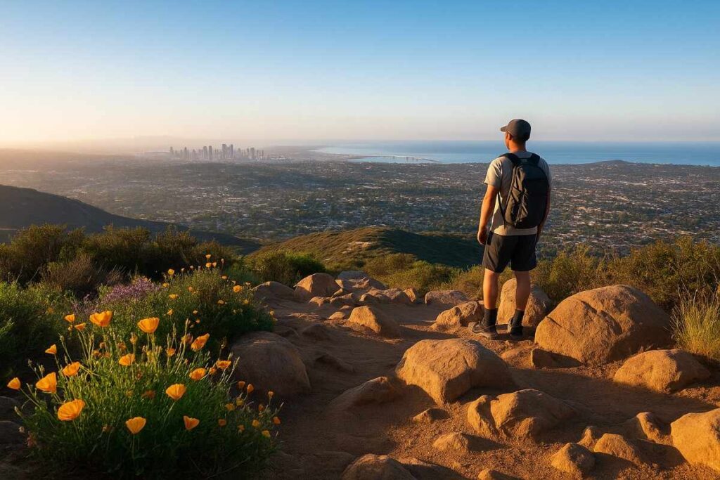 Sunrise from Cowles Mountain summit overlooking San Diego skyline and chaparral