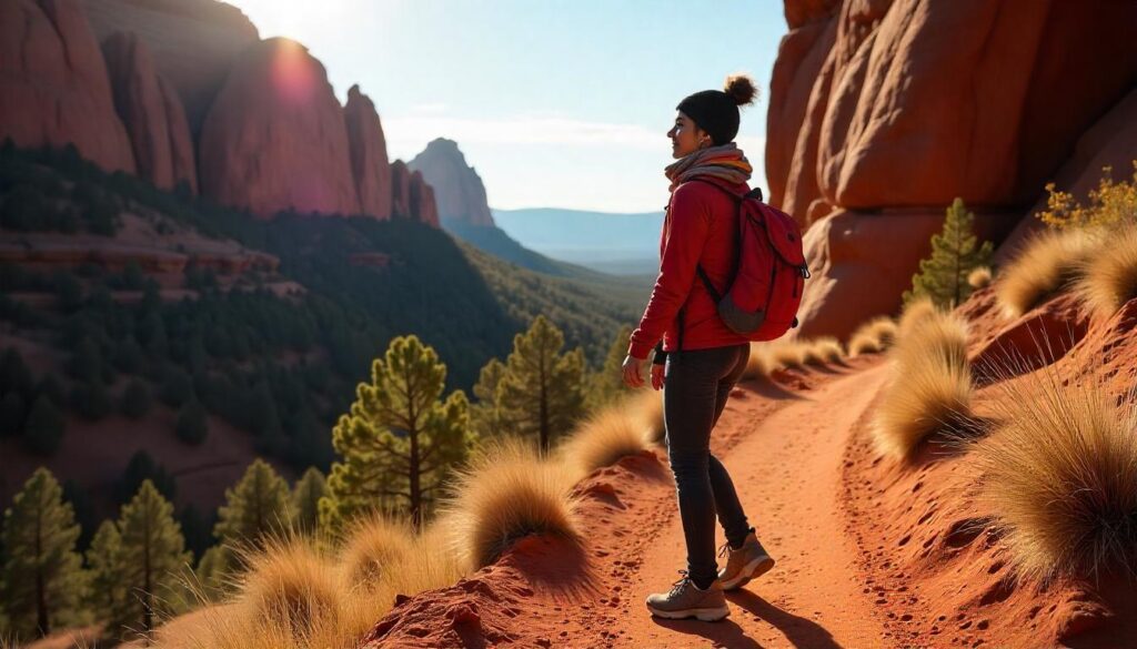 Hiker standing on Devil’s Bridge with red rock formations in Sedona.