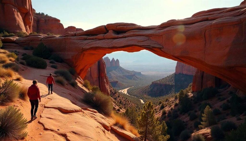 Devil’s Bridge Trail in Sedona with natural sandstone arch and dramatic red rock landscape under soft lighting.