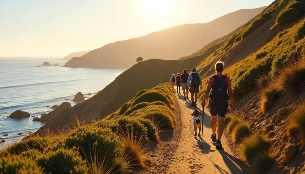 Various hikers on Malibu trails representing easy, moderate, and family-friendly hiking experiences.