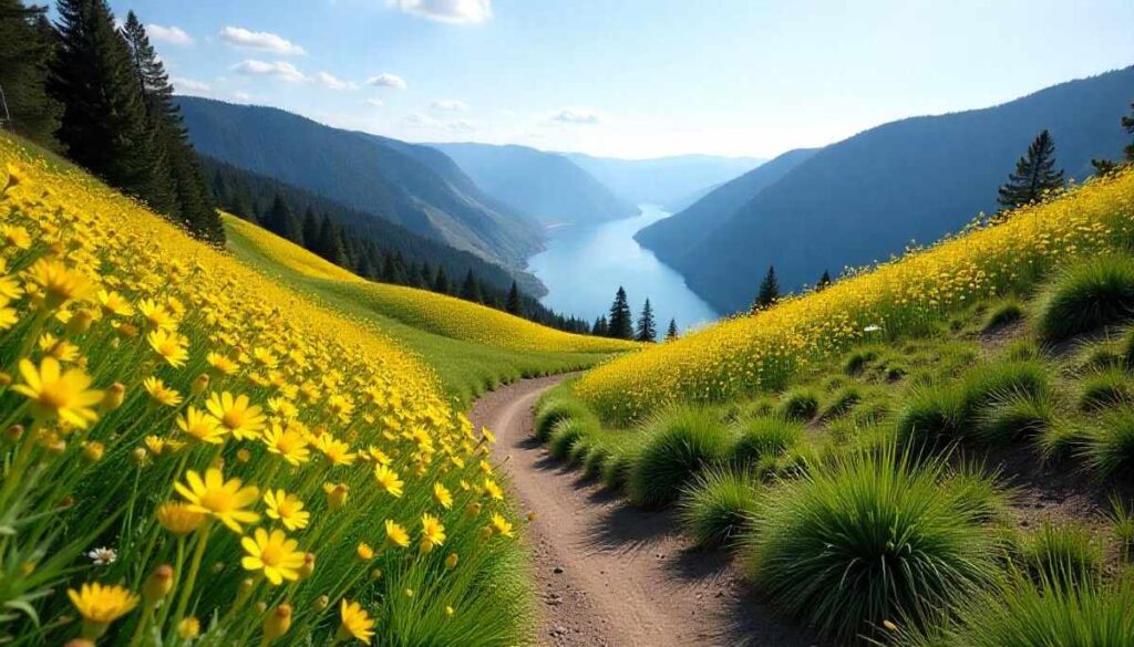 Dog Mountain Trail in the Columbia River Gorge with yellow balsamroot blooms, scenic river views, and wildflower-covered slopes in spring