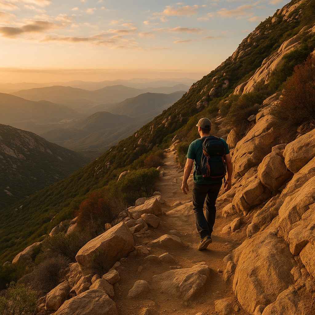 Remote granite ridge of El Cajon Mountain under bright midday sun, winding dirt trail disappearing into oak woodland, dramatic shadows on steep slopes, sweeping vista of desert valleys and distant mountains, a small backpacker pausing to drink water.