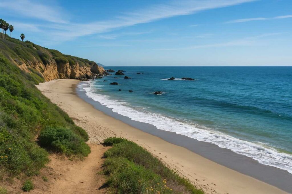 Couple walking El Pescador Beach Trail among sandstone arches and tide pools.