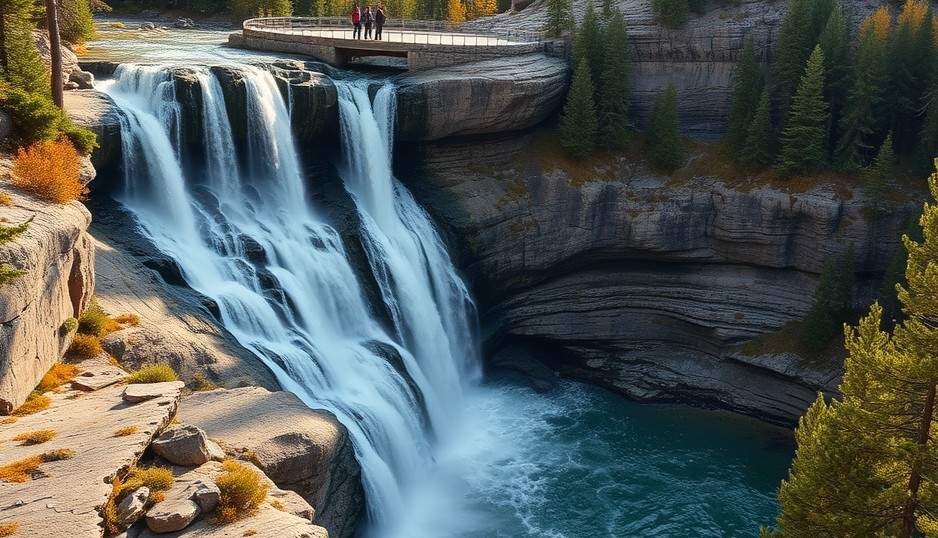 Elk Falls Overlook with cascading waterfall and rugged rock formations in Staunton State Park, Colorado.