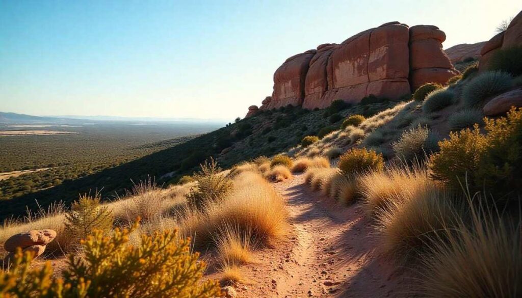 Enchanted Rock Trail, Central Texas – pink granite dome, wildflower-lined path, and scenic hill views at sunrise