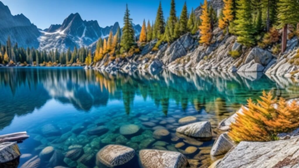 Hyper-realistic view of an alpine lake in the Enchantments, Washington, surrounded by golden larches, granite peaks, and autumn colors