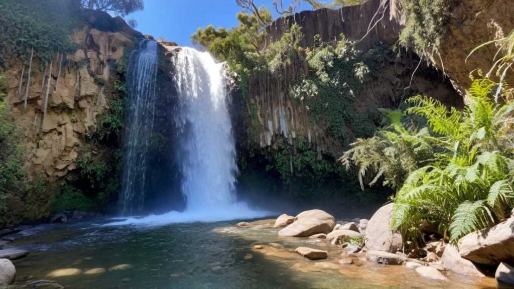 Escondido Falls cascading into a moss-lined pool with hikers exploring the misty canyon.