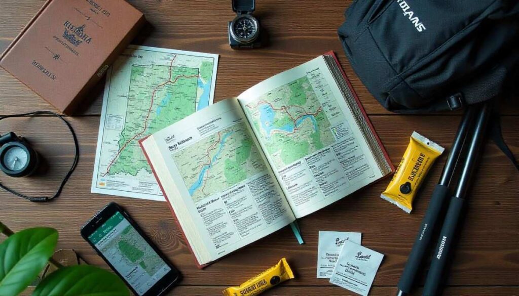 Flat lay of essential Indiana hiking resources: guidebook, state parks brochure, smartphone map, compass, poles, hydration pack, and first‑aid kit