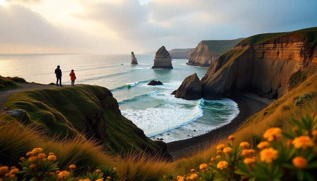 Hikers on a grassy cliff overlooking sea stacks along the Fairy Head Loop Trail on the Cutler Coast