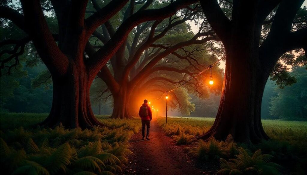 Lantern-lit Four Sisters live oak circle with hiker at dusk on Four Sisters Hiking Trail Dallas.