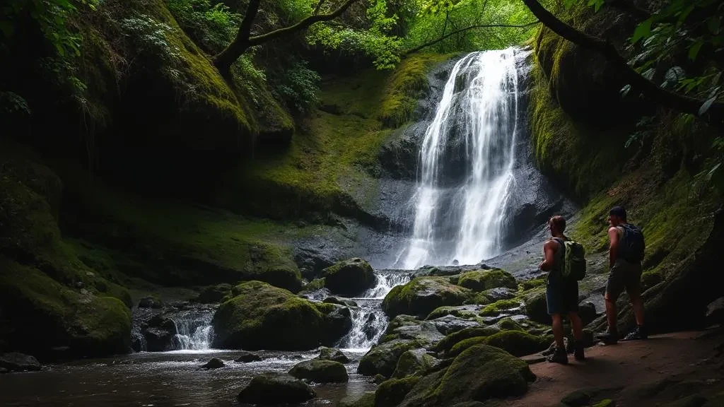 Gorman Falls in Colorado Bend State Park with hikers on waterfall hiking trail