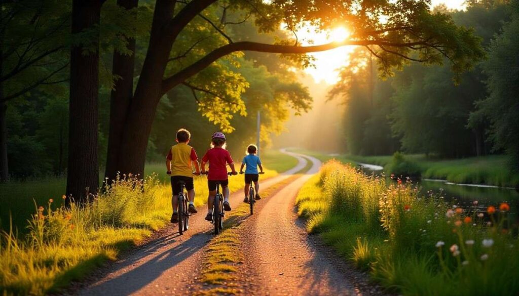 Family biking under elm and pecan canopy on Great Trinity Forest Trail near the Trinity River in Dallas.