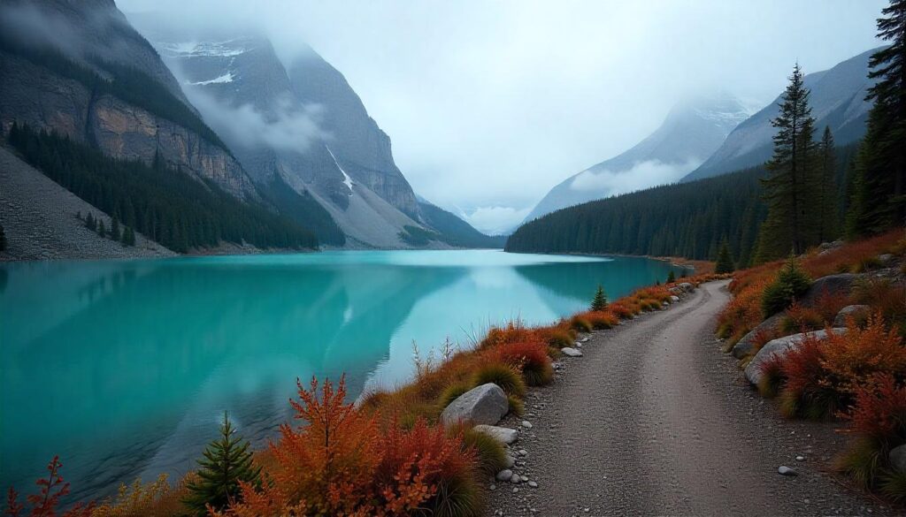 Grinnell Glacier Trail with lake and alpine peaks in Montana