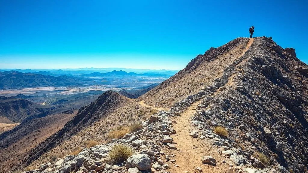 Guadalupe Peak Trail, Texas – steep mountain ascent with panoramic desert views and rocky terrain under blue sky