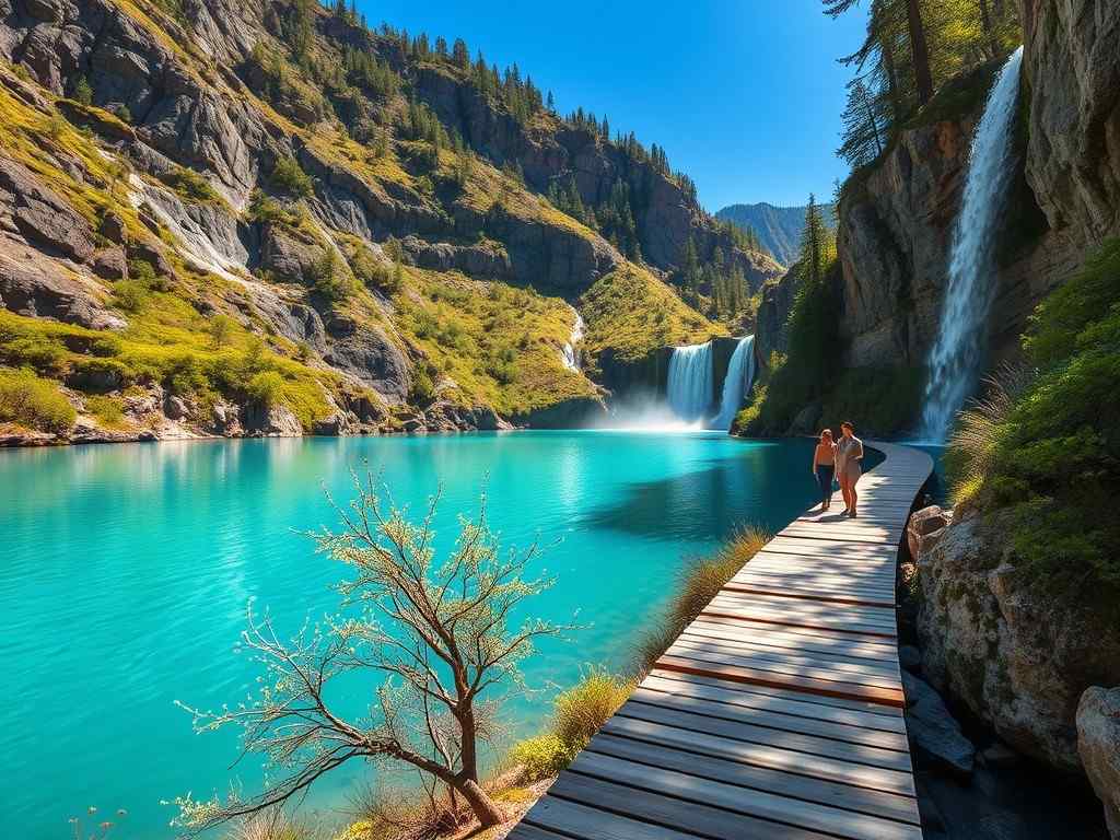 Turquoise Hanging Lake with mossy canyon walls and wooden boardwalk in Glenwood Canyon, Colorado.