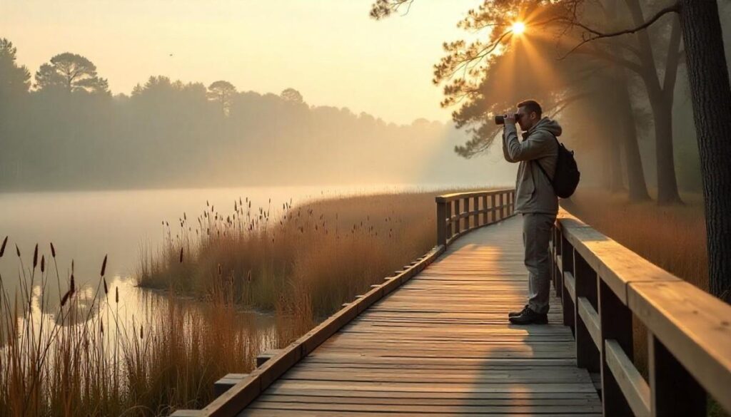 Birdwatcher on Harry Moss Park boardwalk surrounded by wetlands and snowy egret in Dallas