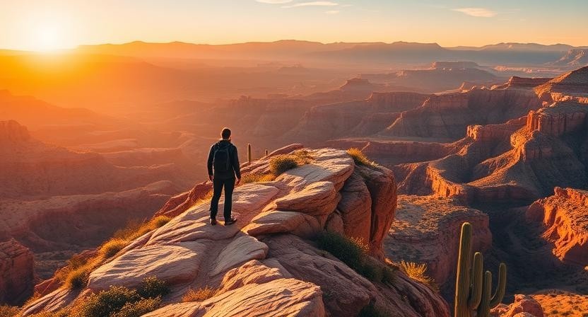Best hikes in Arizona: lone hiker on red rock ridge overlooking sweeping desert canyons at sunrise