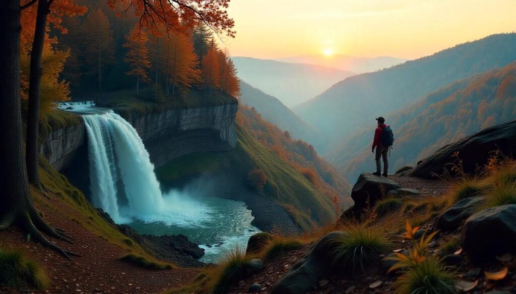Panoramic montage of Ohio hidden gems: waterfall gorge, Mohican State Park trail, Hocking Hills cliffs, and Appalachian peaks including Mad River, Sugarloaf, and Serpent Mountains