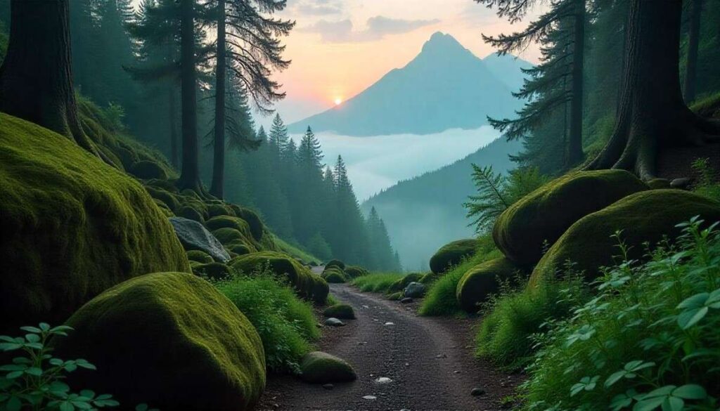 Secluded misty forest path with mossy boulders and hidden waterfall on a scenic Maine route