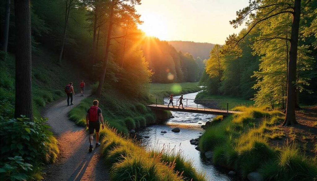 Composite of five hidden Indiana hiking gems: Clark State Forest ridge, Shades State Park Backbone, Jackson‑Washington creek bridge, Salamonie River marsh boardwalk, and French Lick glade