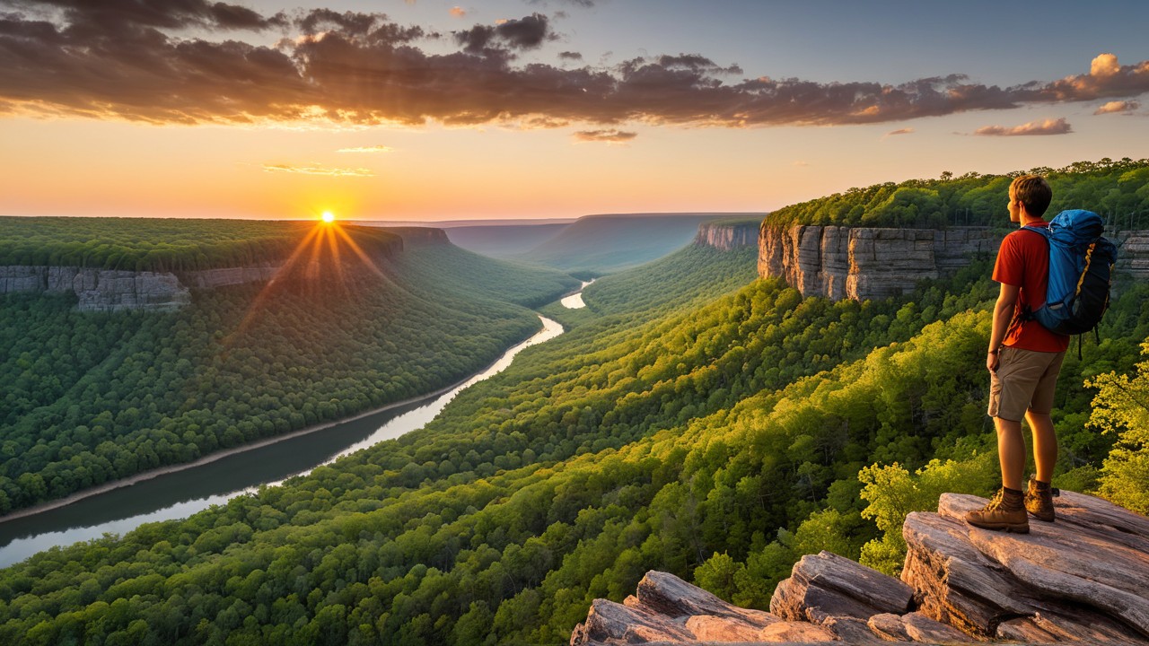 A lone hiker stands on an Ozark bluff at sunrise, overlooking the Buffalo River valley and capturing the essence of hiking in Arkansas.