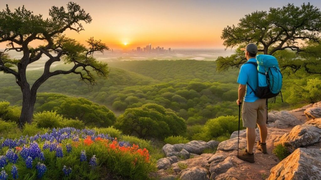 Hiker with backpack on Oak Cliff overlook at sunrise, wildflowers and Dallas skyline in background, representing the best views of hiking in Dallas.