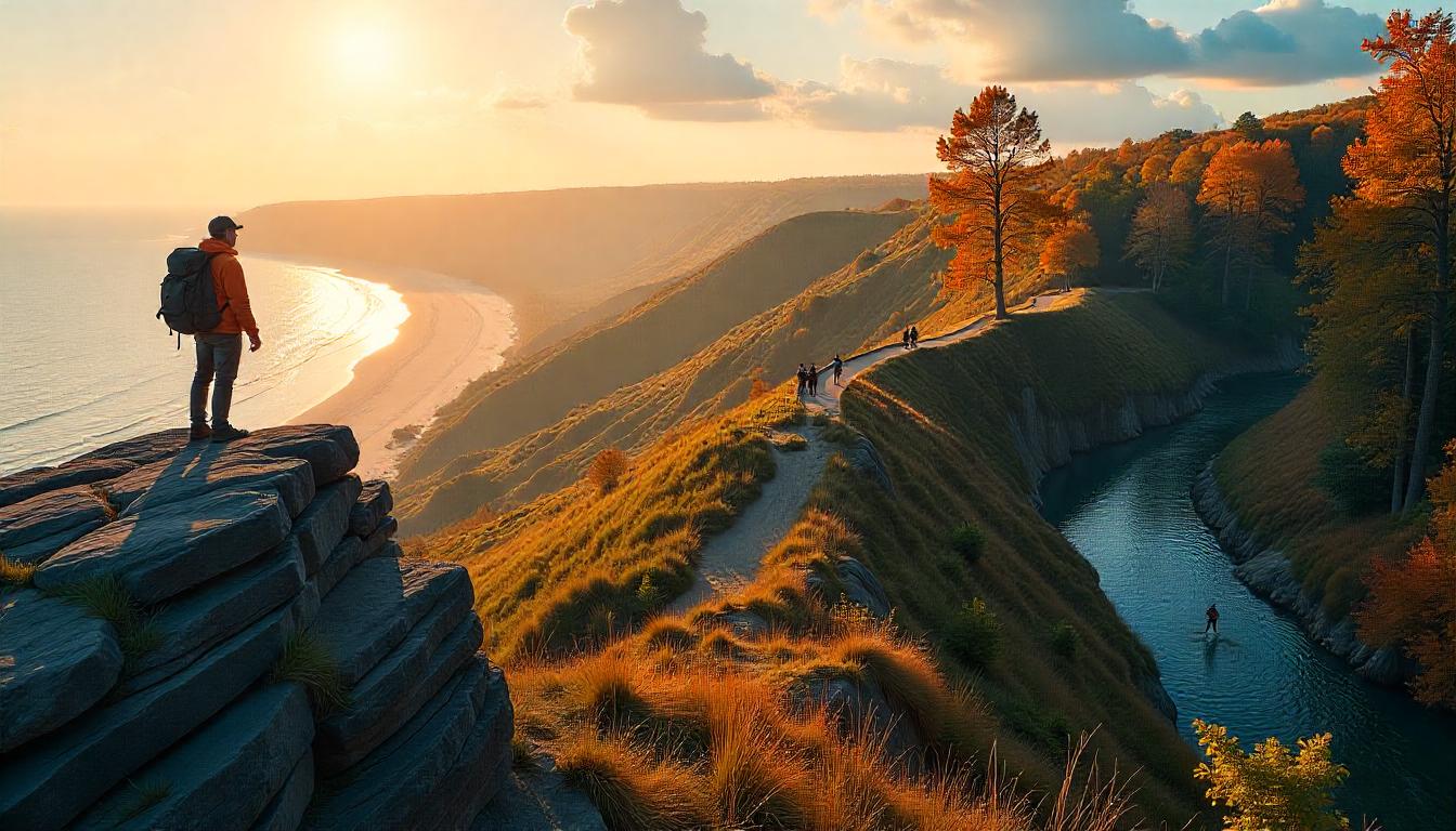 Scenic view of hikers exploring a forest trail at sunrise, showcasing the natural beauty and adventure of hiking in Indiana