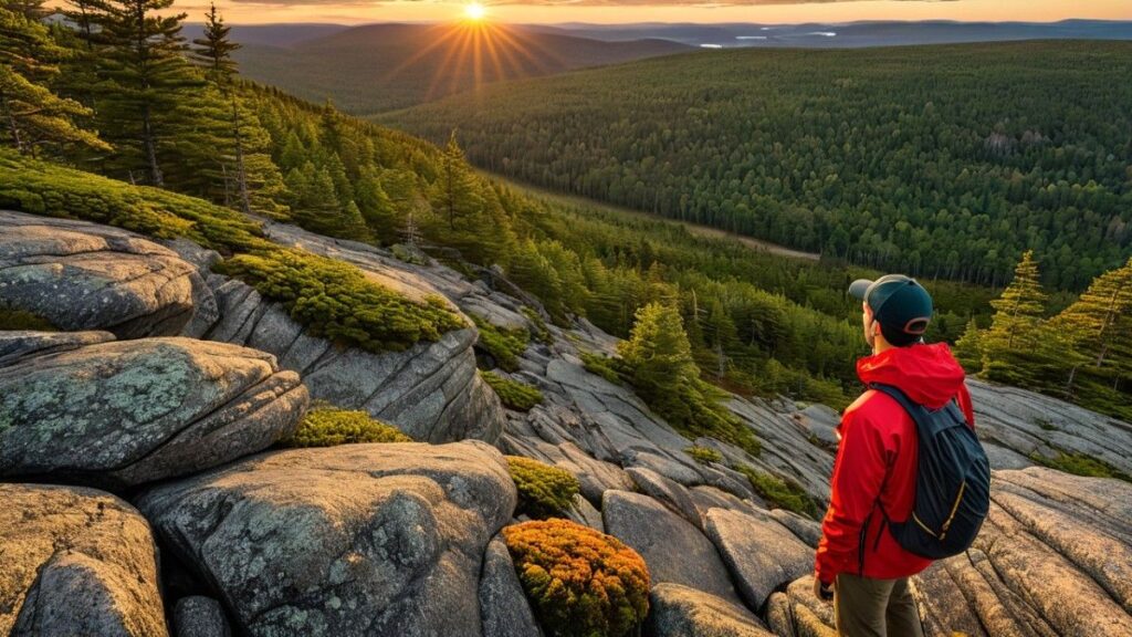 Hiker in a red jacket standing on a granite outcrop at sunrise overlooking pine forests and the Atlantic coastline, embodying the spirit of hiking in Maine.