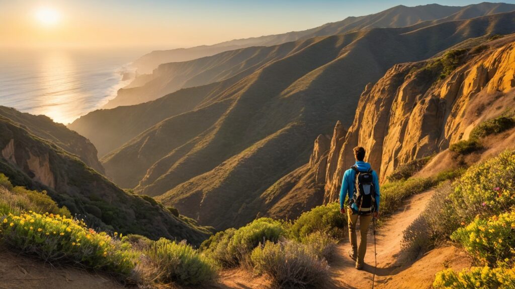 Golden-hour ridge view of a hiker on a Malibu canyon trail with ocean and waterfall vistas, capturing the hiking places in Malibu.