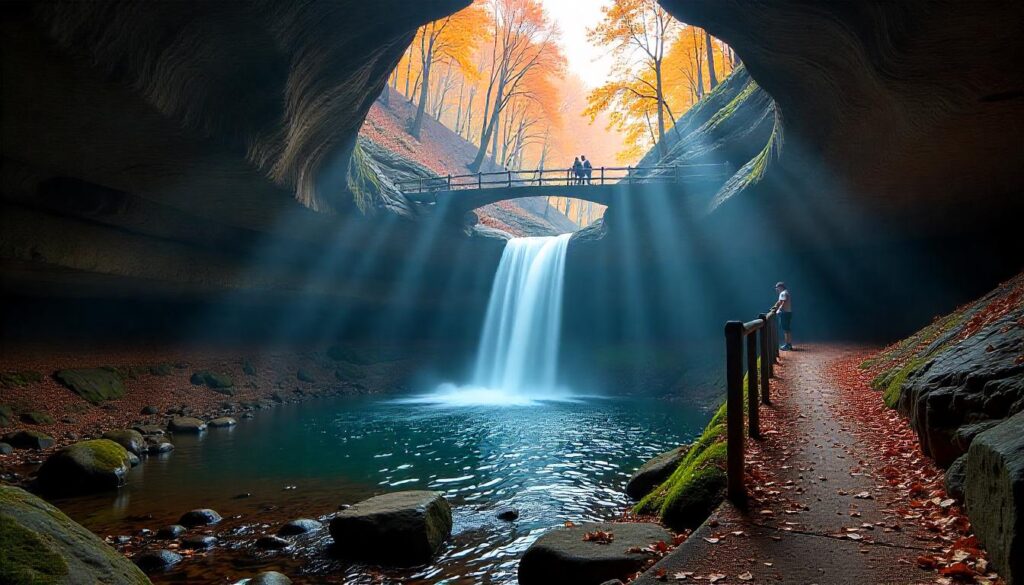 Hiking in Ohio along a scenic forest trail with fall foliage, a solo hiker walking through golden autumn leaves in a Hocking Hills–inspired landscape