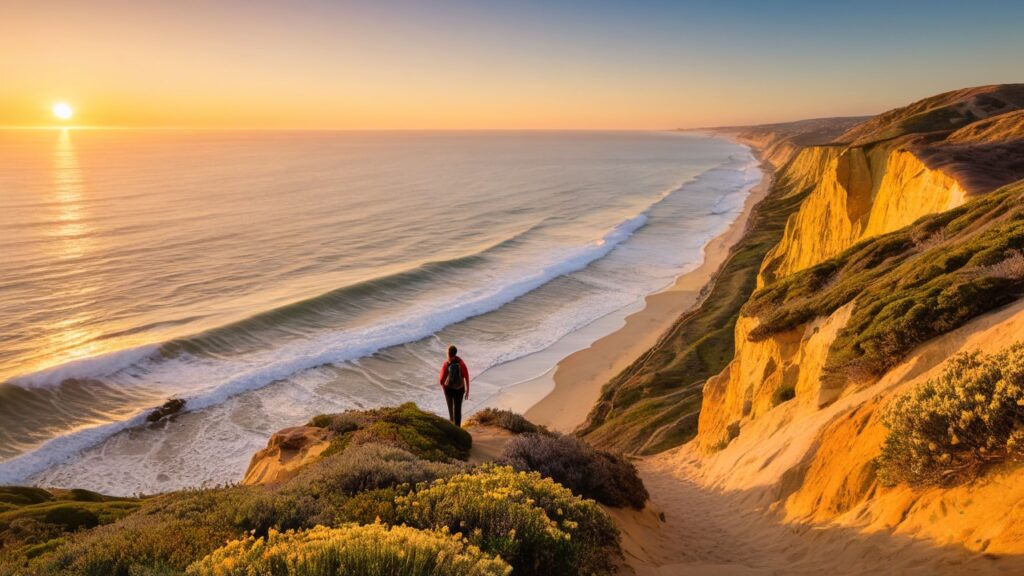 Golden-hour view of coastal bluffs and Torrey pines on one of the best hikes in San Diego