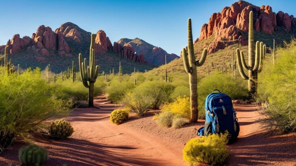 Hikers walking along a scenic desert trail with saguaro cacti and red rock mountains in Scottsdale Arizona, showcasing outdoor adventures under a clear blue sky presenting the iconic view of hiking in Scottsdale.