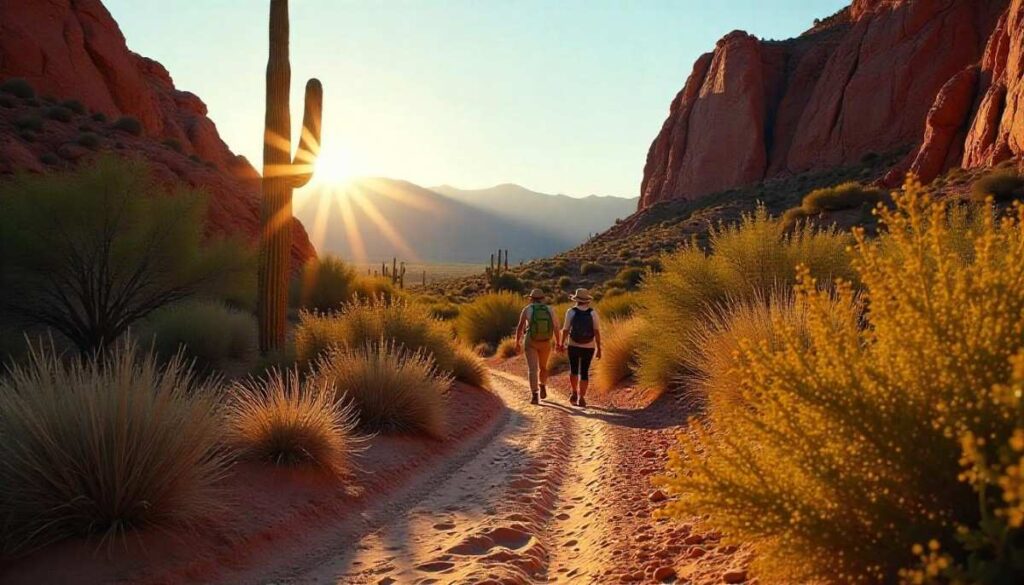 Hiking in Southern Arizona along a saguaro‑lined canyon trail at golden hour with red cliffs in the background