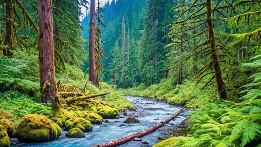 Hoh River Trail in Olympic National Park with lush mossy forests, ferns, and a gently flowing silvery blue river under diffused natural light