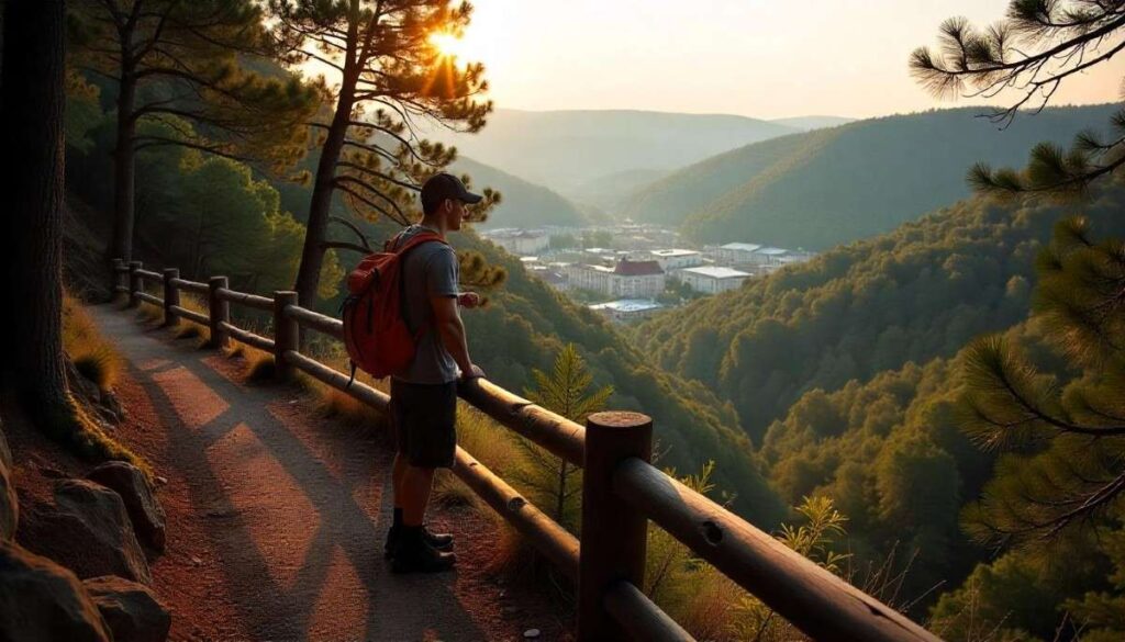 Hiking in Arkansas on Hot Springs Mountain Trail with forest overlook of Bathhouse Row