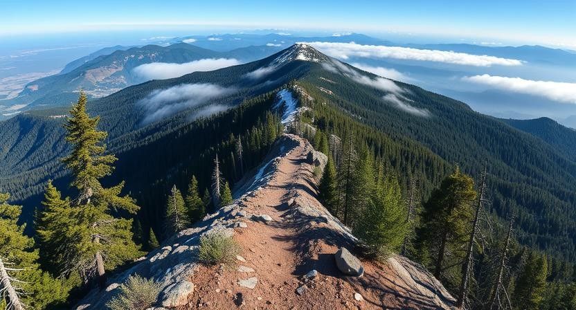 Humphreys Peak Trail in Flagstaff with high-altitude rocky ascent, dense forests, and panoramic summit views in cool morning light.