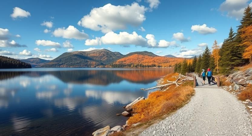 Wooden footbridge and golden fall foliage along the Jordan Pond Path loop in Acadia National Park