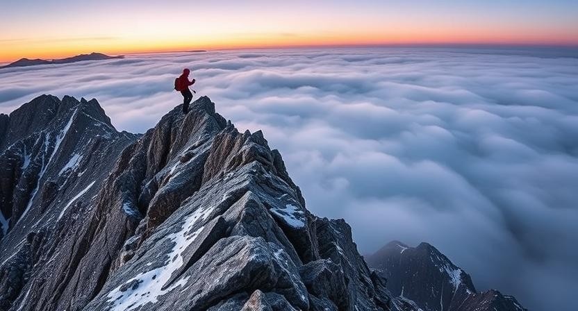 Backpacker traversing the narrow Knife Edge Trail ridge on Mount Katahdin at sunrise