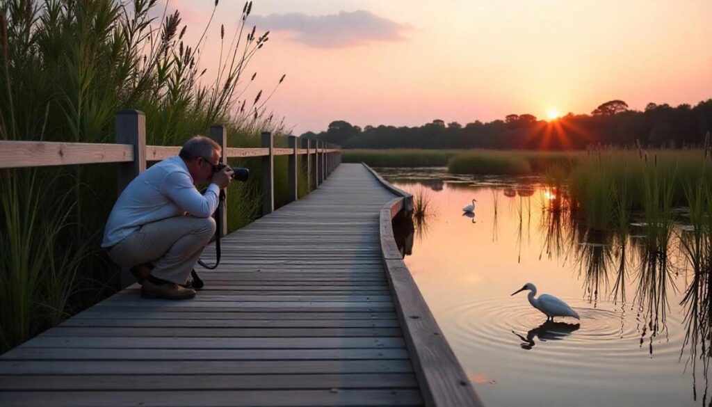 Photographer on Leonhardt Lagoon boardwalk at sunset photographing an egret among cattails in Dallas.