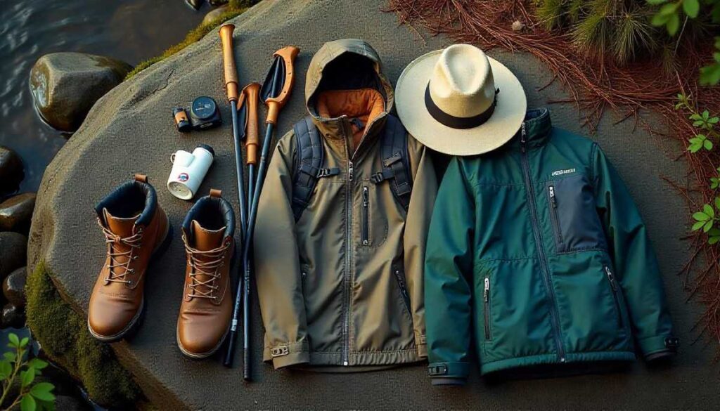 Top‑down view of essential Maine hiking gear on a rock: boots, poles, jacket, hat, map, and first‑aid kit
