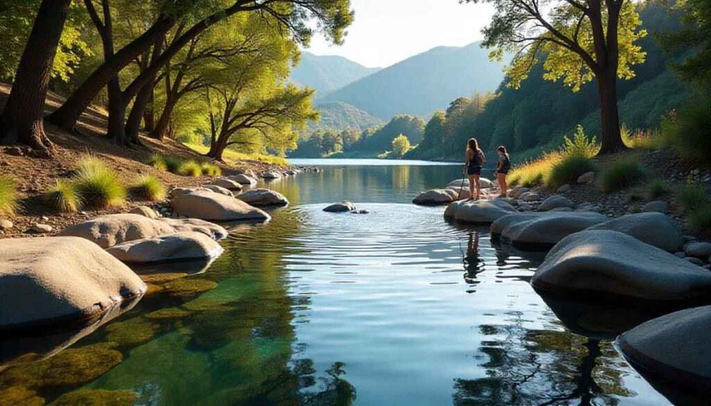 Hikers at the Rock Pool and Century Lake in Malibu Creek State Park under dappled sycamore shade.