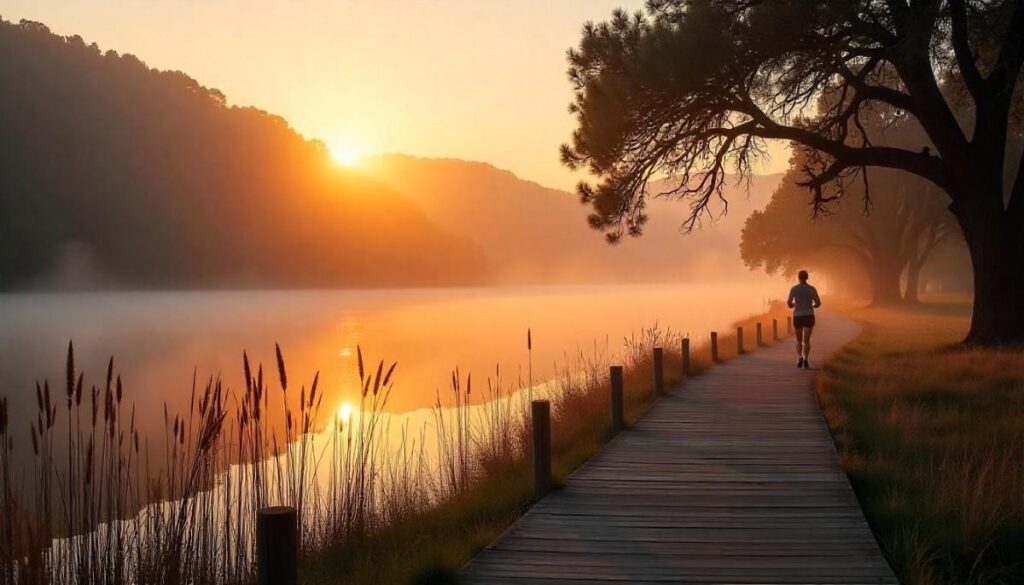 Dawn mist on Malibu Lake Trail’s boardwalk with willows, reeds, and sunrise reflections.