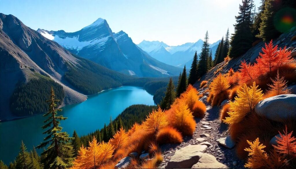 Maple Pass Loop in Washington's North Cascades with golden larches, alpine lake views, and colorful fall foliage on a mountain ridgeline trail