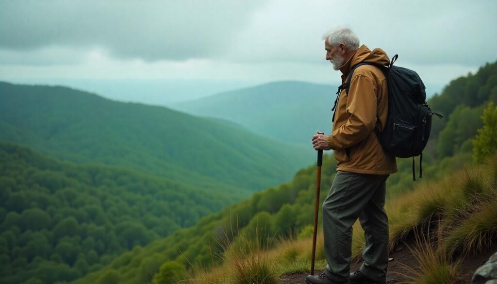 Hiker resting on McAfee Knob with mountain view in Virginia