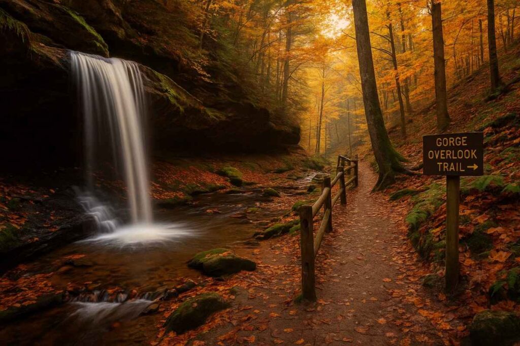 Hiking in Ohio at Lyons Falls and gorge overlook trail in Mohican State Park