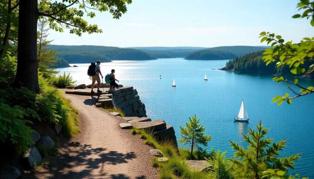 Hikers enjoying panoramic Penobscot Bay view from the Mount Battie Trail summit in Camden Hills State Park